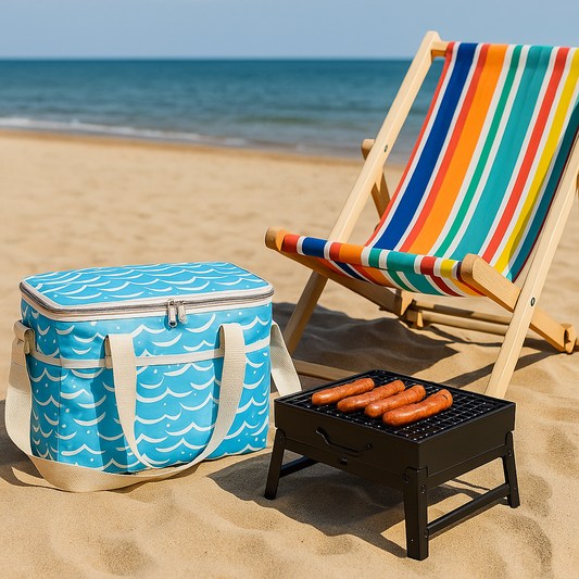 Piknik na plaży z torbą termiczną, grillem z kiełbaskami i leżakiem w kolorowe pasy zestaw idealny na letni relaks nad wodą.