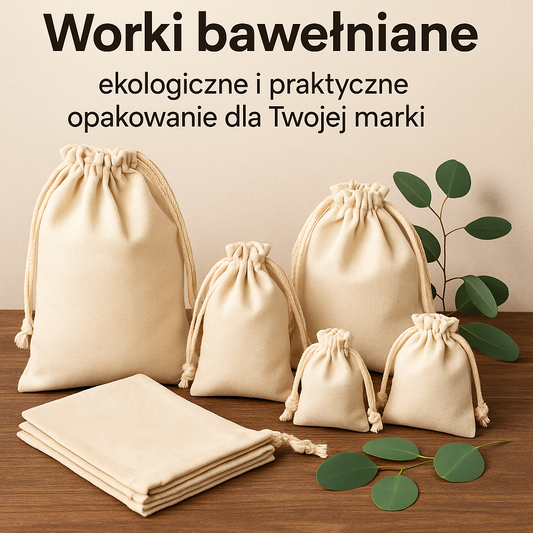 Ekologiczne worki bawełniane z bawełny z troczkiem, ułożone na stole, przygotowane do pakowania produktów — idealne rozwiązanie dla branży e-commerce i prezentowej.
