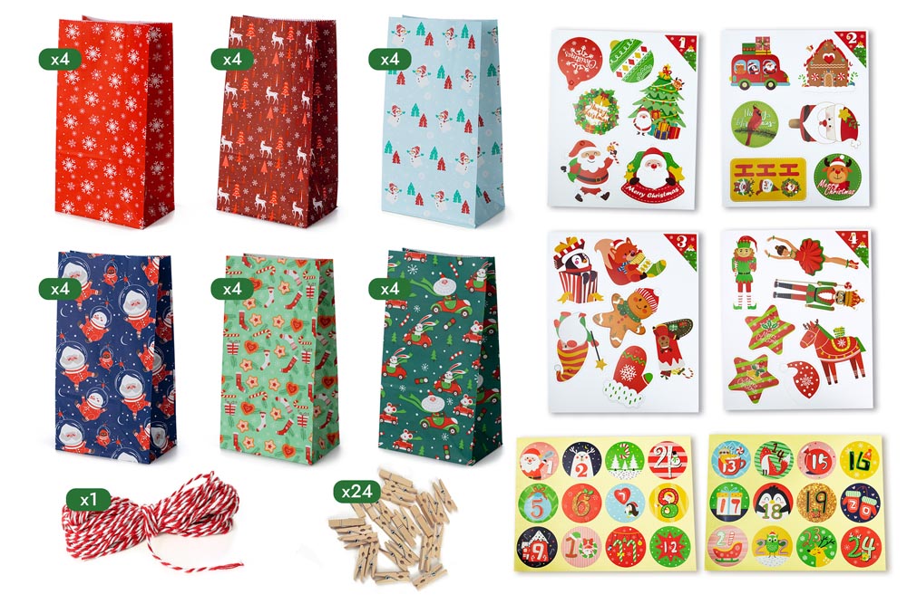 Kalendarz adwentowy bożonarodzeniowy, torebki prezentowe