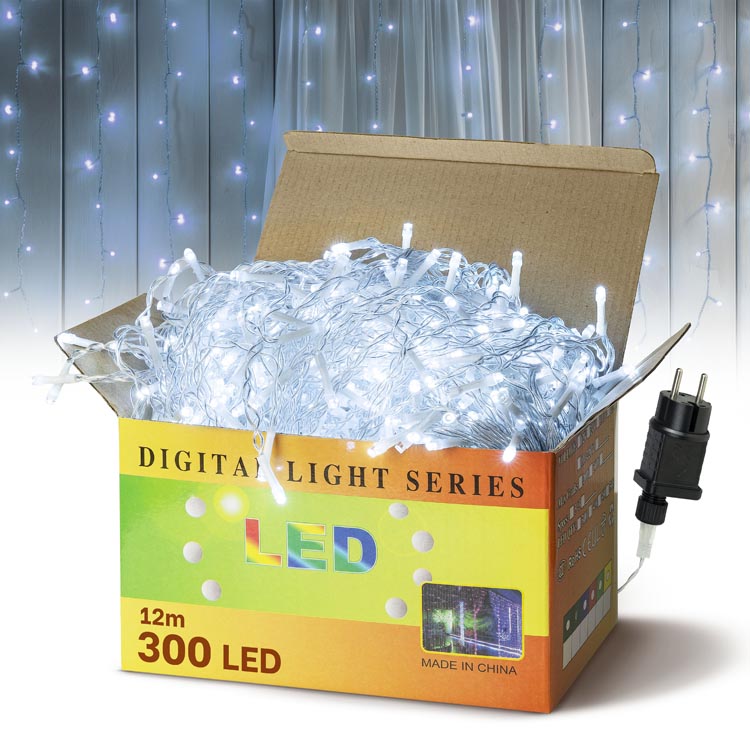 Duża kurtyna świetlna 300 LED girlanda zimny biały 12m
