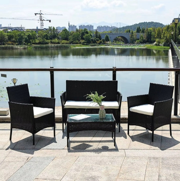 MEBLE OGRODOWE RATTANOWE CZARNE ZESTAW 4 OSOBOWY - SOFA + KRZESŁA + STÓŁ