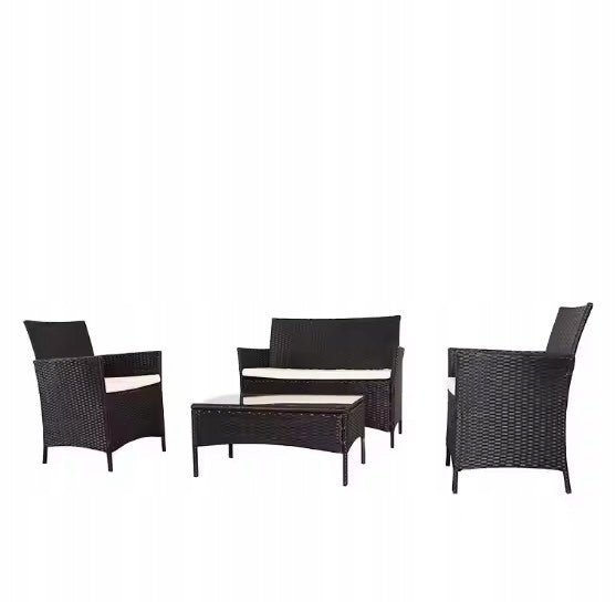 MEBLE OGRODOWE RATTANOWE CZARNE ZESTAW 4 OSOBOWY - SOFA + KRZESŁA + STÓŁ