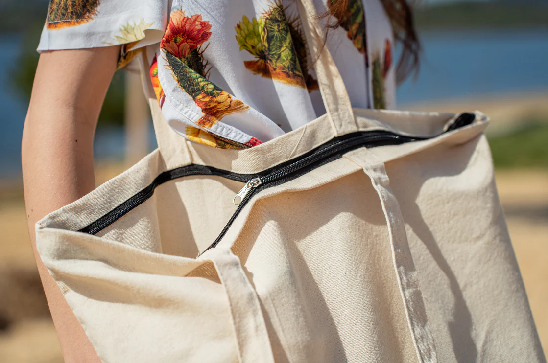 Torba bawełniana z ZAMKIEM 51cmx15cmx38cm ECRU bardzo długi uchwyt ECO