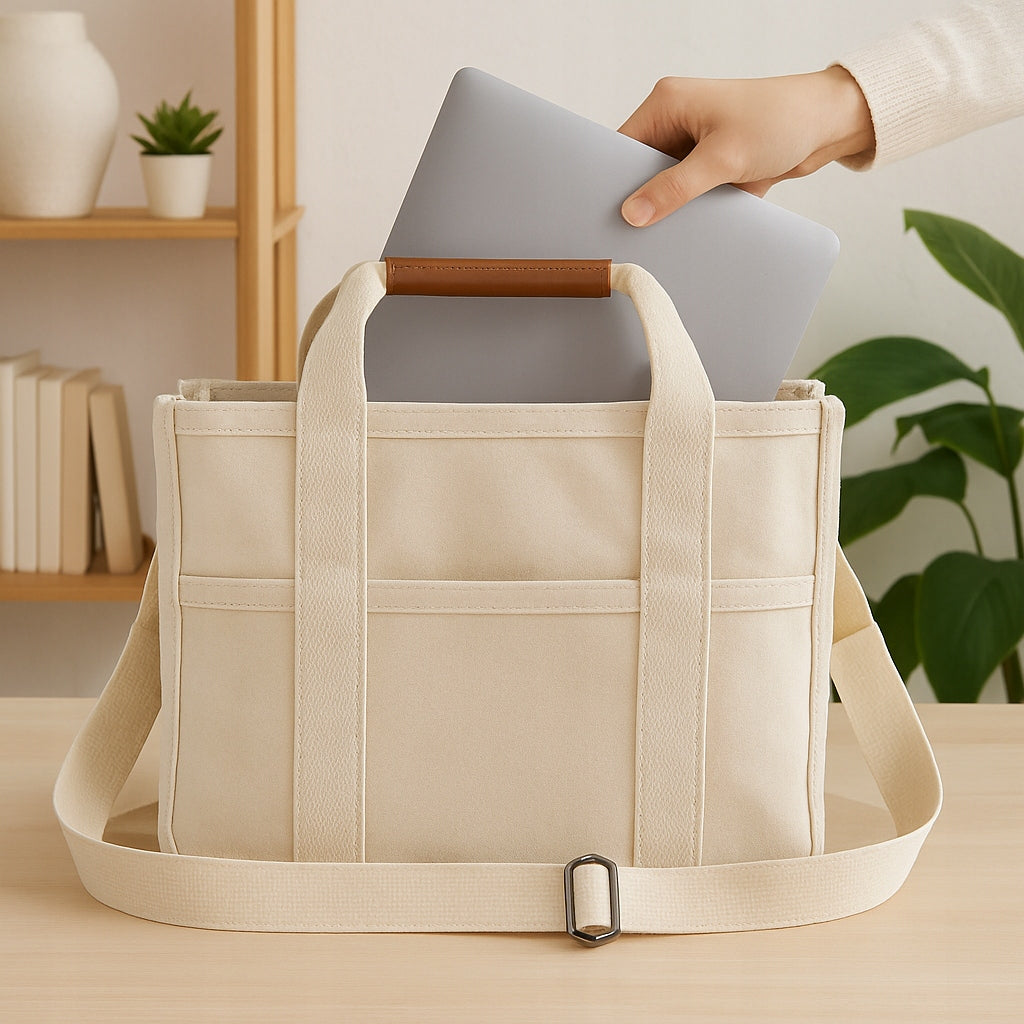 Torba beżowa na laptopa na ramię – POJEMNA TOREBKA DAMSKA TYPU SHOPPER, ELEGANCKA I SPACEROWA