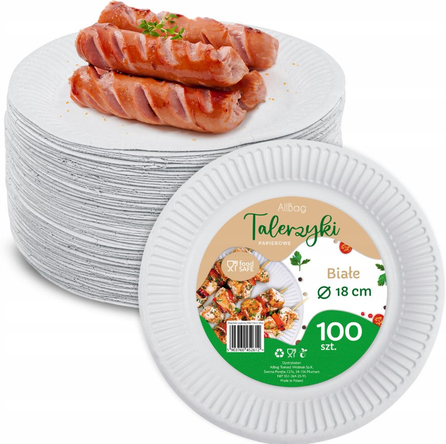 Talerz papierowy biały 15 cm, zestaw 100 sztuk, idealne na grilla, imprezy i catering