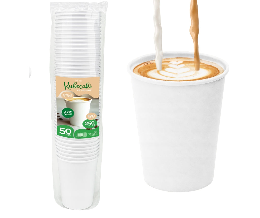 White paper cups 250ml 8oz for coffee, tea, hot and cold drinks