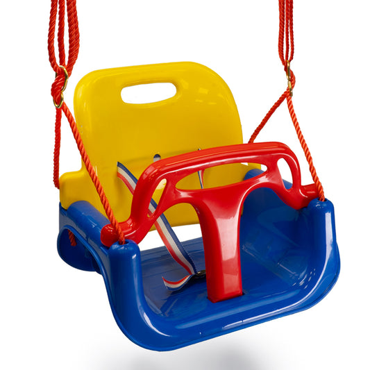 Huśtawka ogrodowa 3w1 dla dzieci, plastikowe siedzisko z oparciem i pasami bezpieczeństwa – b2b allbag