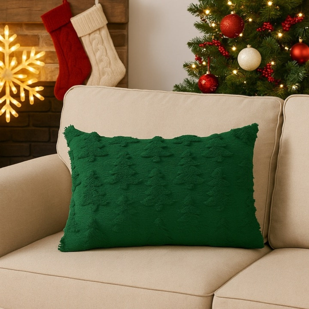 Świąteczna poduszka 50x 30cm - zielona w tłoczone choinki - GADŻET ŚWIĄTECZNY