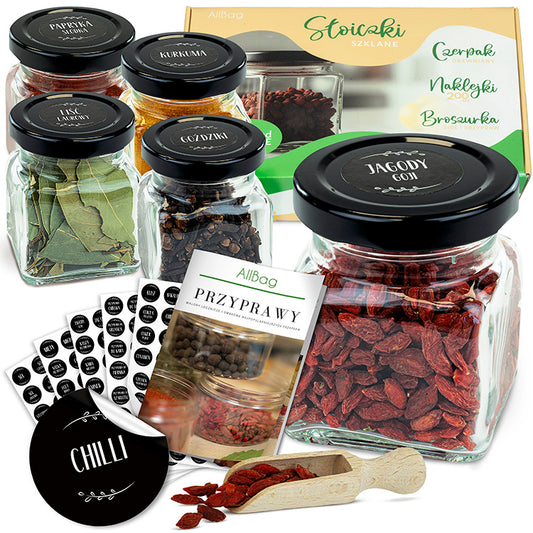 Zestaw szklanych słoików na przyprawy, praktyczne pojemniki do organizacji kuchni i gastronomii