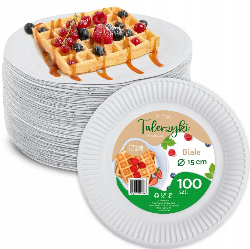Talerz papierowy biały 15 cm, zestaw 100 sztuk, idealne na grilla, imprezy i catering