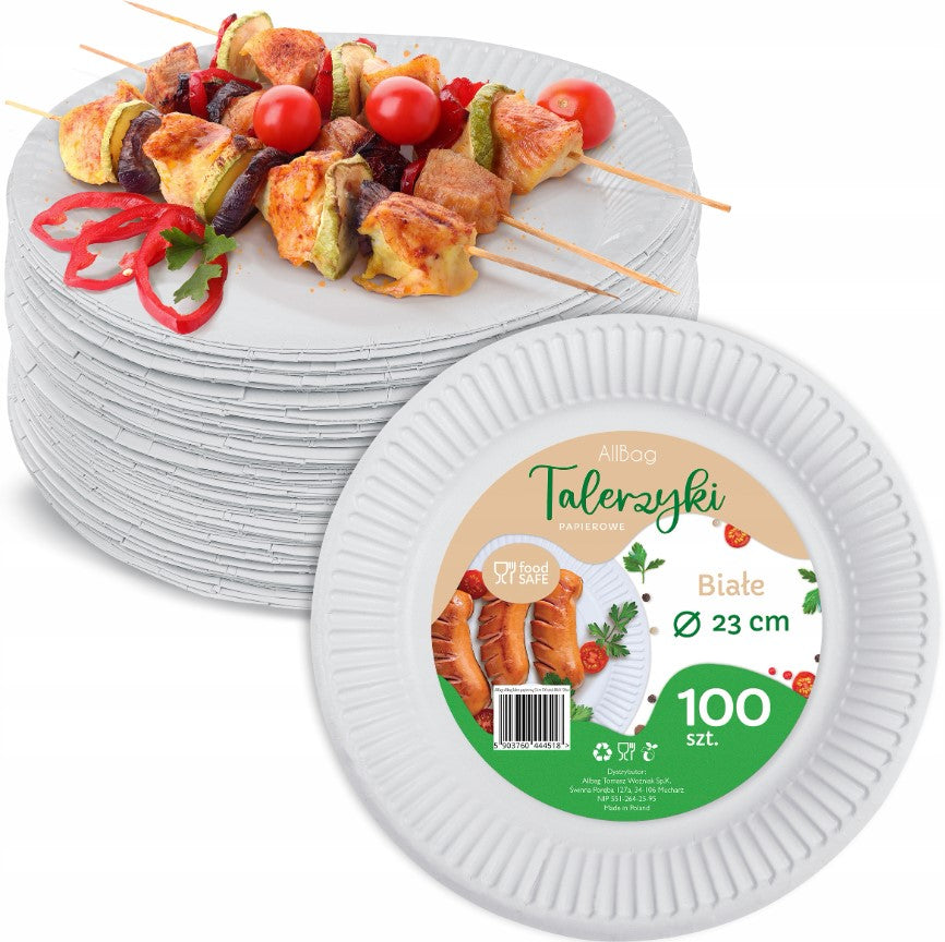 Talerze papierowe białe 23 cm, duże, zestaw 100 sztuk, idealne na grilla, catering i imprezy plenerowe