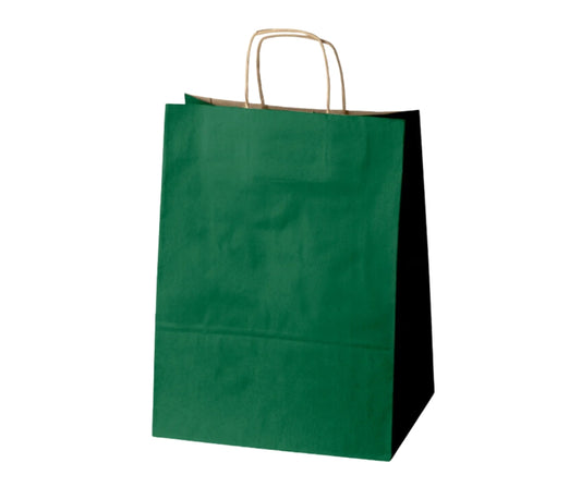 Torba papierowa ciemnozielona z uchwytem skręcanym, wymiary 305x170x425 mm, ekologiczna do pakowania zakupów – b2b allbag