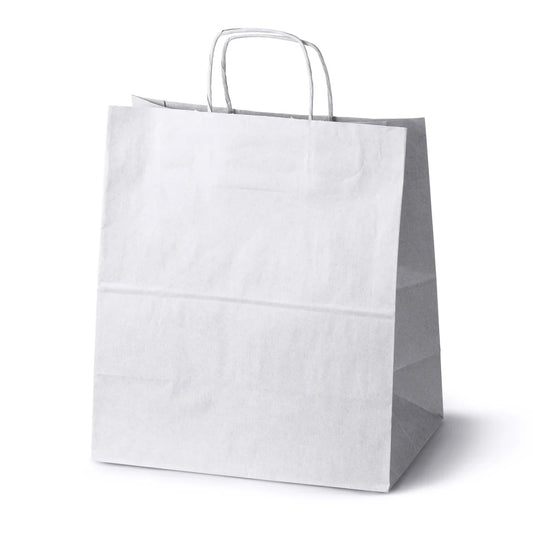 Torba papierowa biała 305x170x340 mm z uchwytem skręcanym, elegancka torba do pakowania produktów w sklepach i butikach