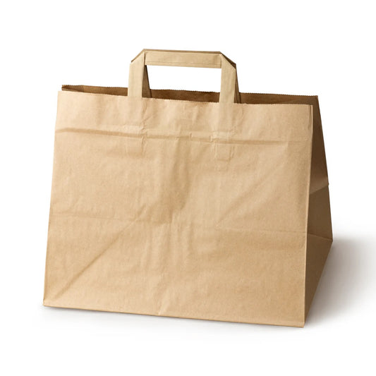 Torba papierowa cateringowa brązowa 320x220x245 mm z płaskim uchwytem, wytrzymała torba na wynos i do gastronomii