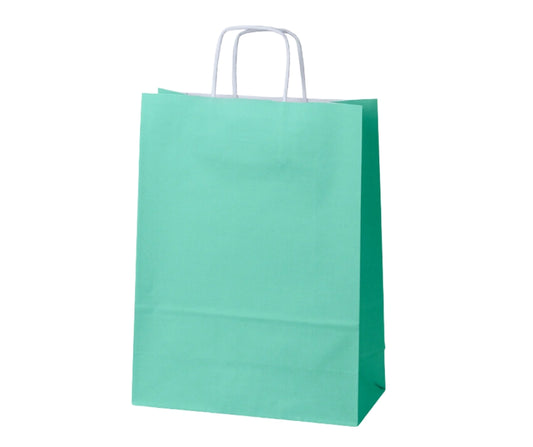 Torba papierowa zielona pastelowa 240x100x320 mm z uchwytem skręcanym, do pakowania prezentów lub produktów w sklepie