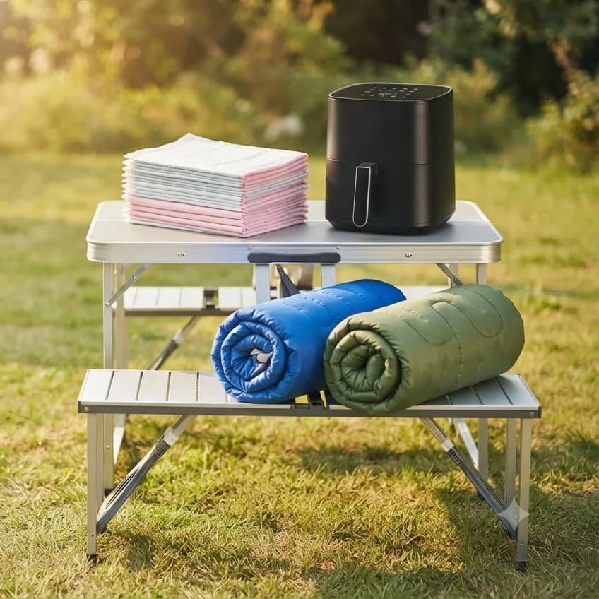 Oferty paletowe Allbag: stolik turystyczny, śpiwory, frytkownica i podkłady higieniczne na letniej łące