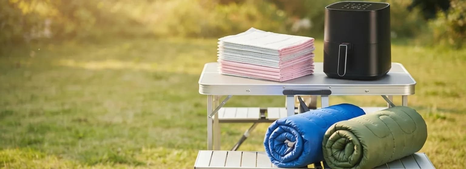 Oferty paletowe Allbag: stolik turystyczny, śpiwory, frytkownica i podkłady higieniczne na letniej łące