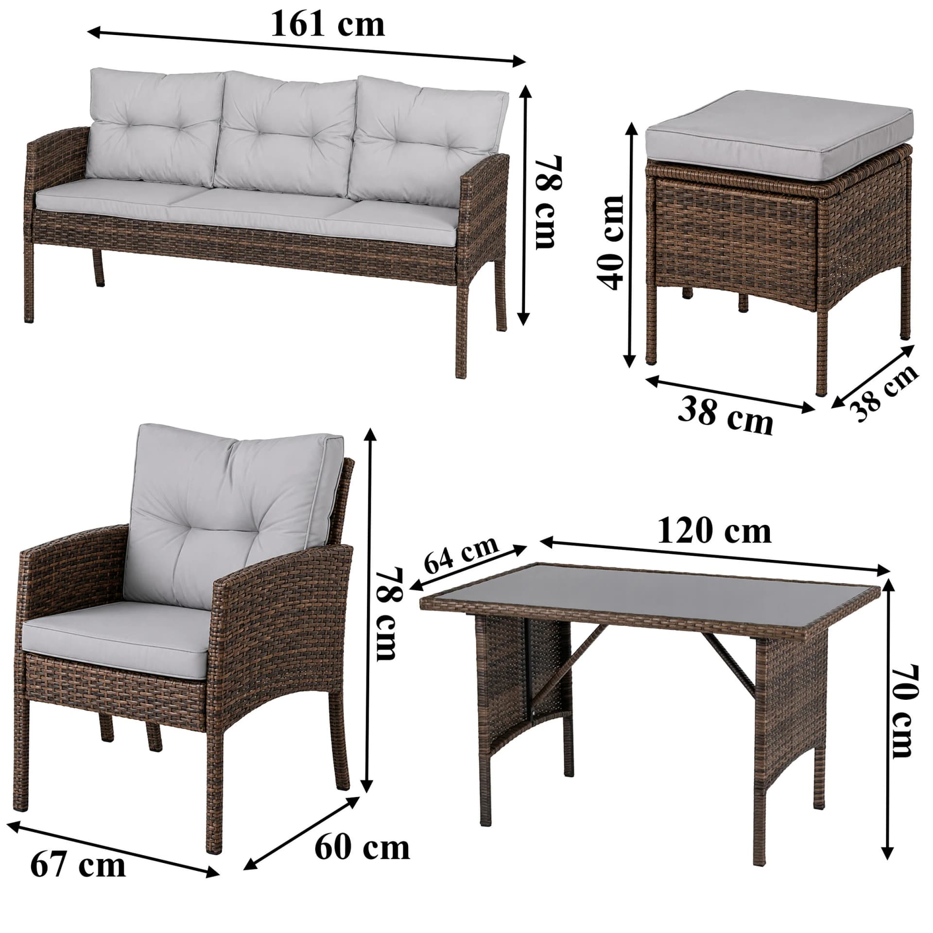 Zestaw mebli ogrodowych technorattan, komplet 6 elementów (sofa, 2 fotele, 2 pufy, stół)