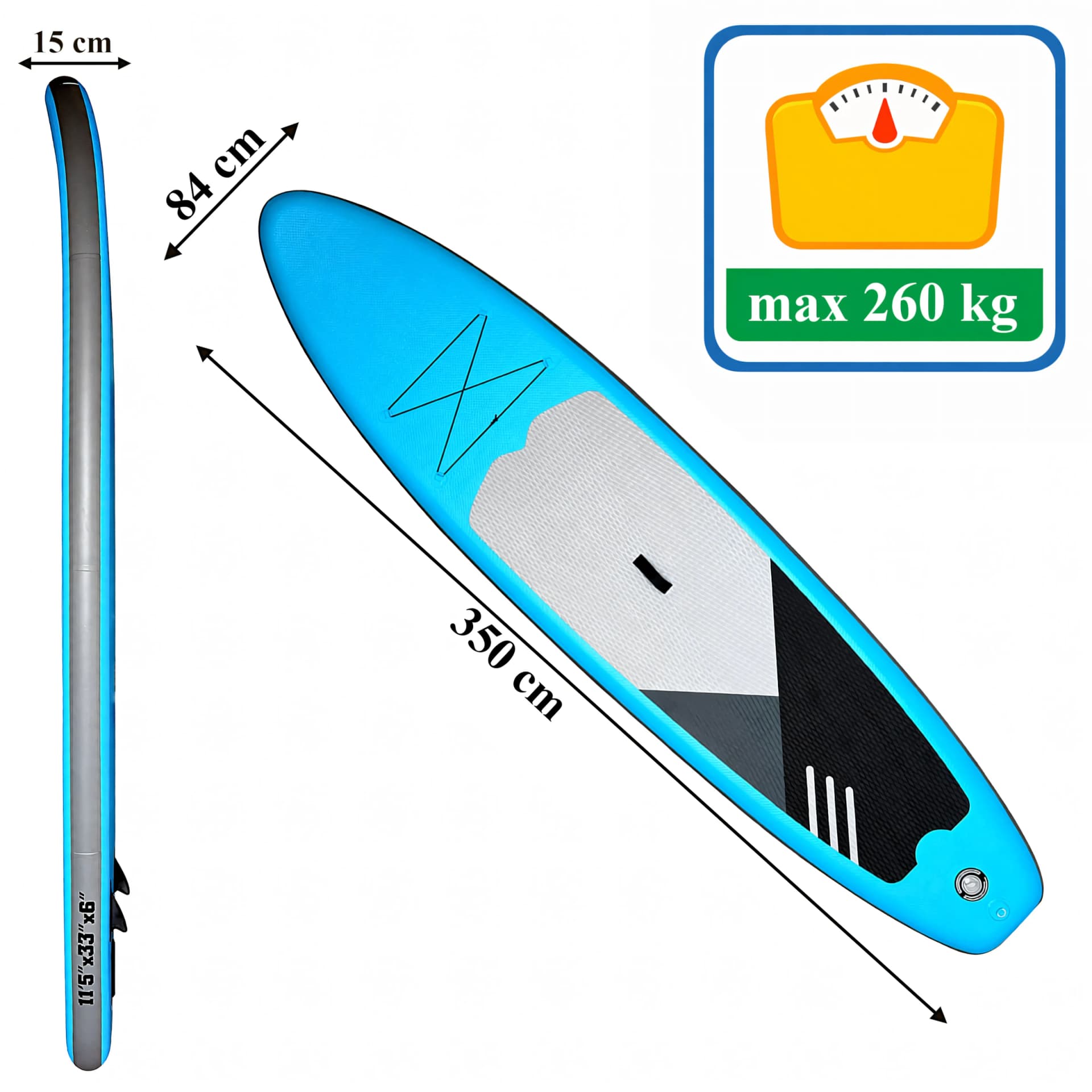 Wymiary deski SUP: długość 350 cm, szerokość 84 cm, grubość 15 cm, maksymalne obciążenie 260 kg