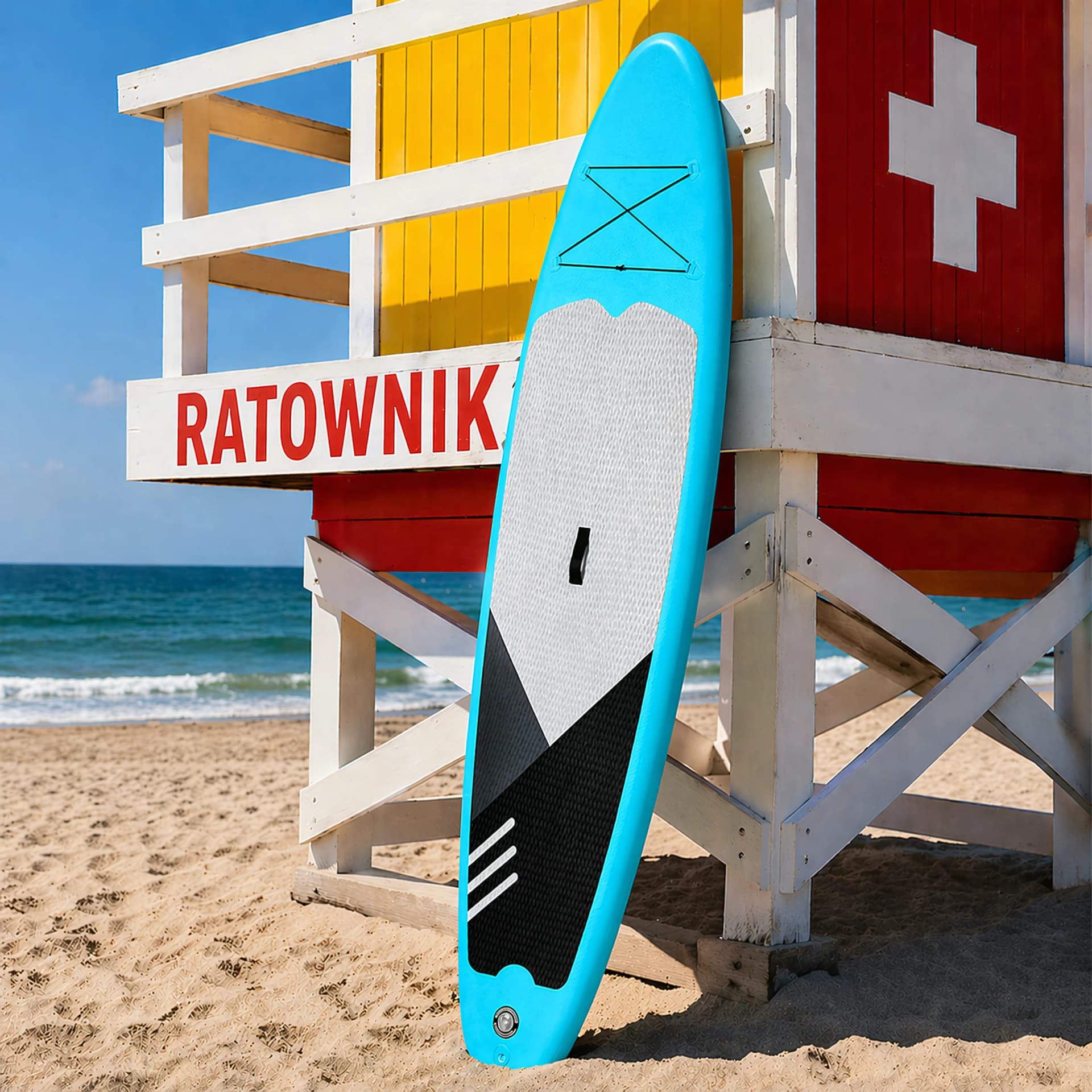 Deska SUP oparta o wieżę ratownika na plaży