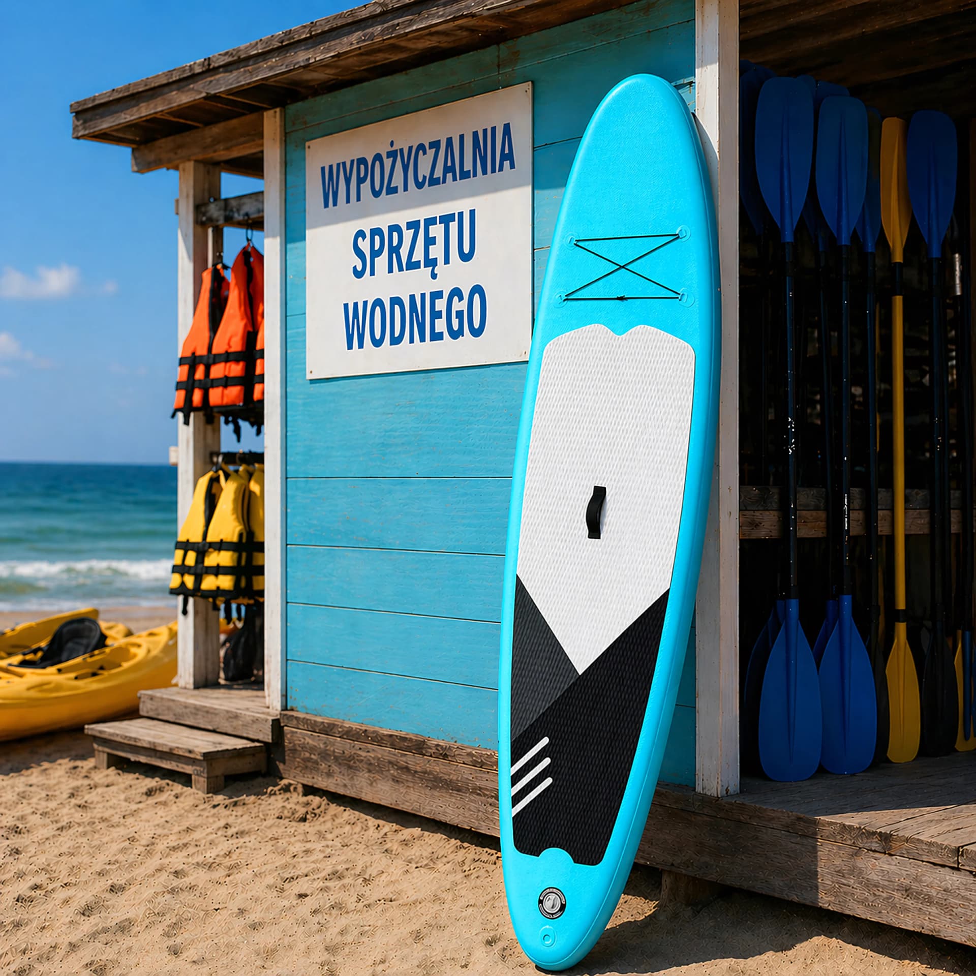 Deska SUP przy wypożyczalni sprzętu wodnego na plaży