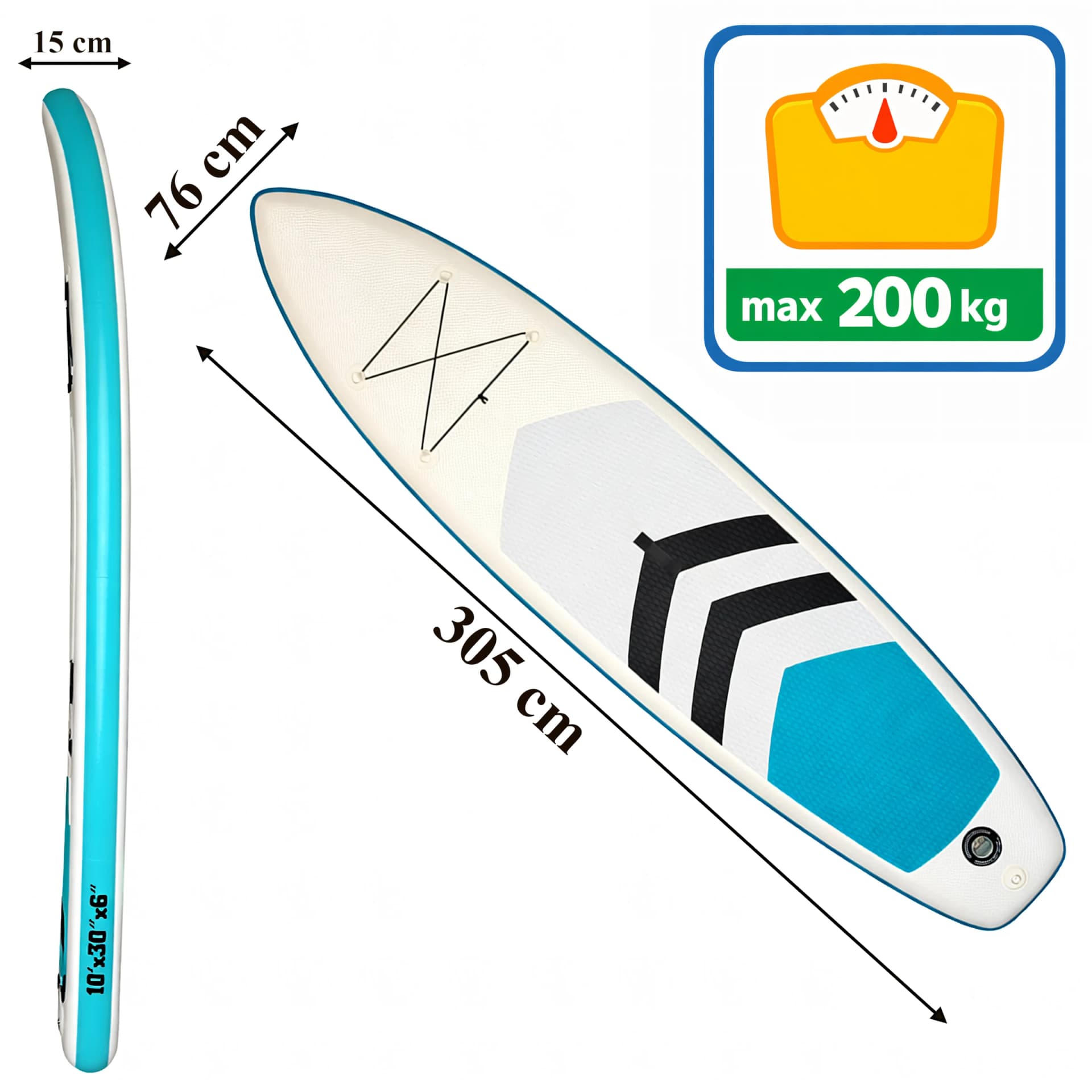 Wymiary deski SUP: długość 305 cm, szerokość 76 cm, grubość 15 cm, obciążenie do 200 kg