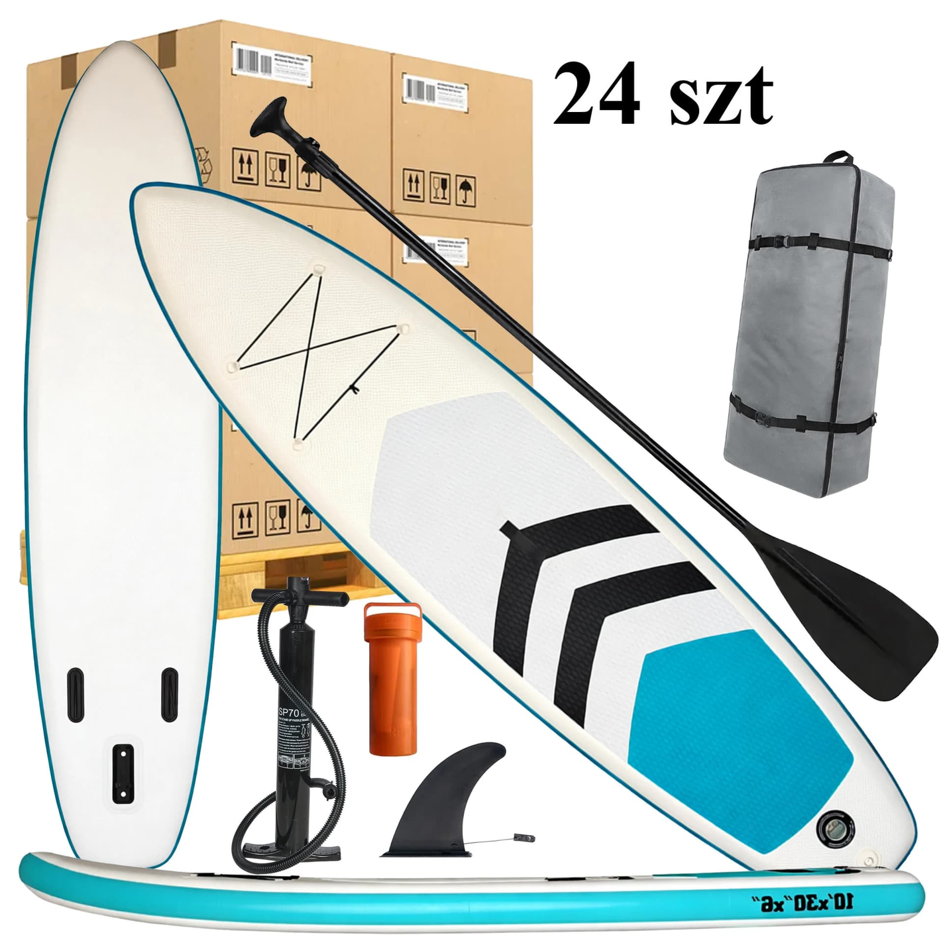 Paleta 24 sztuk desek SUP w kartonach wraz z kompletem akcesoriów
