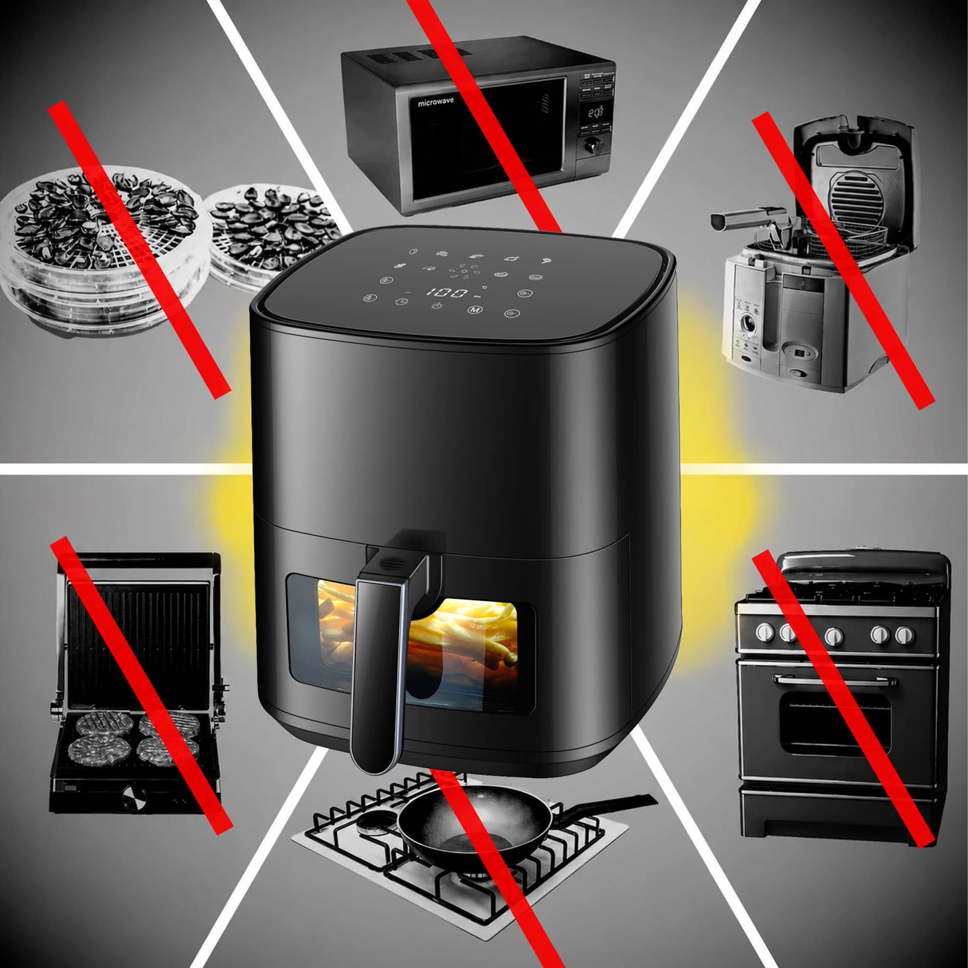 Grafika porównawcza: air fryer zastępuje mikrofalówkę, frytkownicę olejową, grill, suszarkę i piekarnik