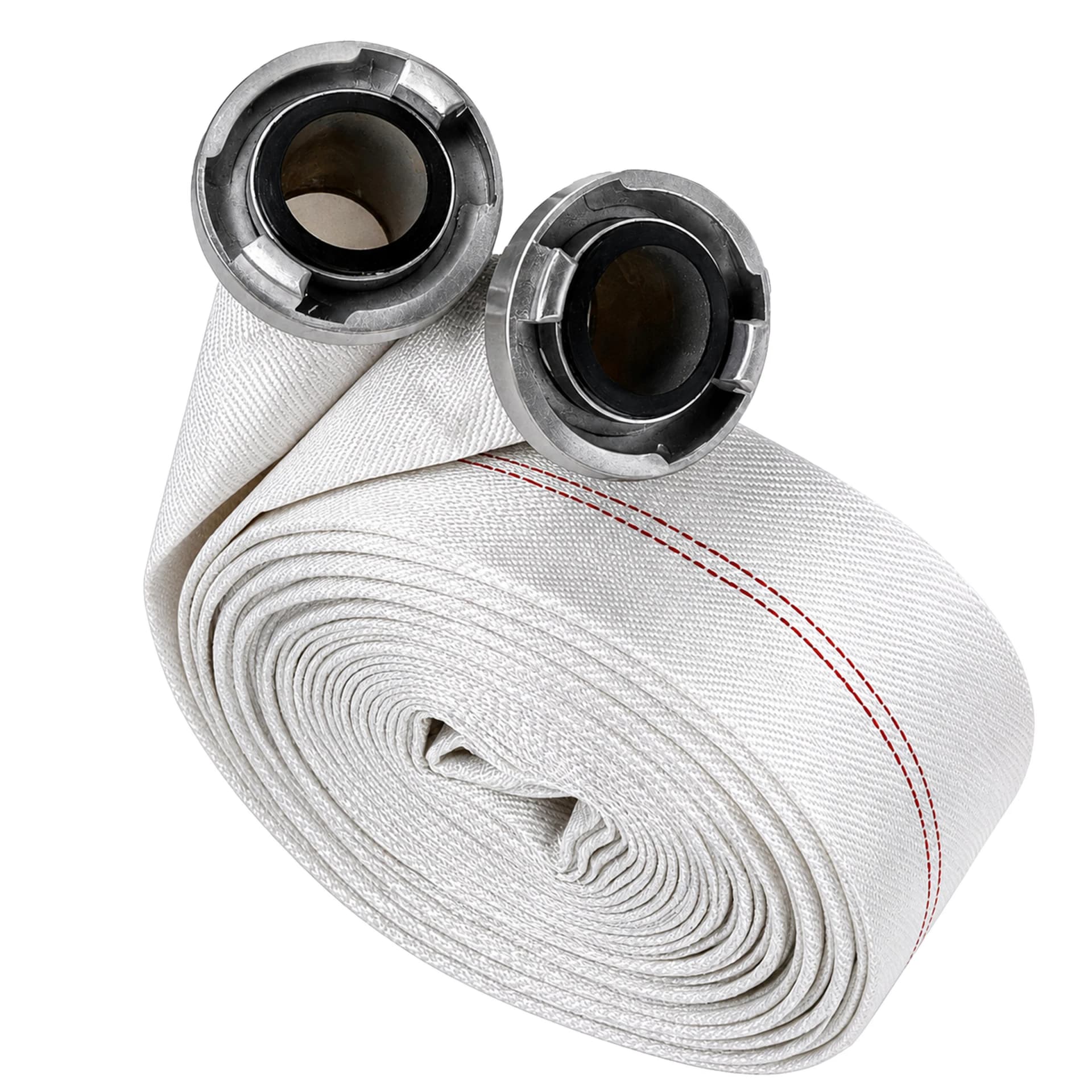 Zwinięty wąż strażacki z dwoma aluminiowymi złączami Storz