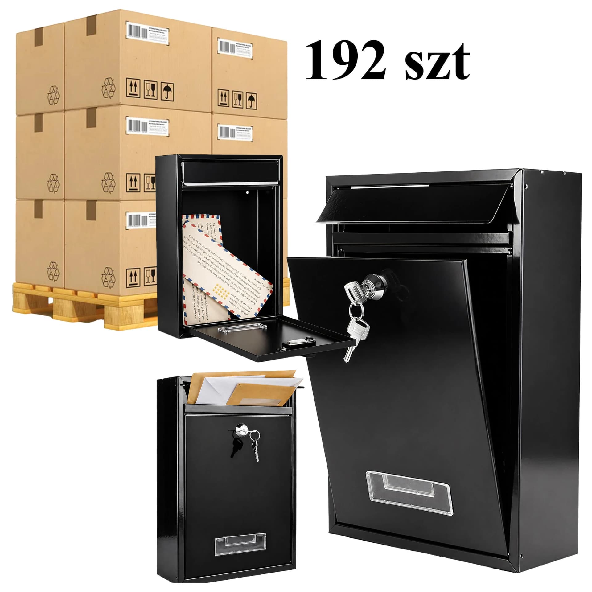 Paleta 192 sztuk skrzynek na listy w kartonach zbiorczych