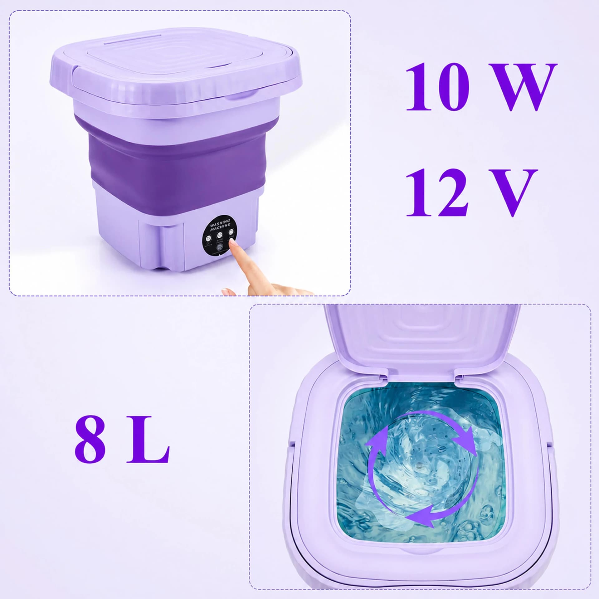 Parametry pralki: moc 10 W, zasilanie 12 V, pojemność zbiornika 8 litrów