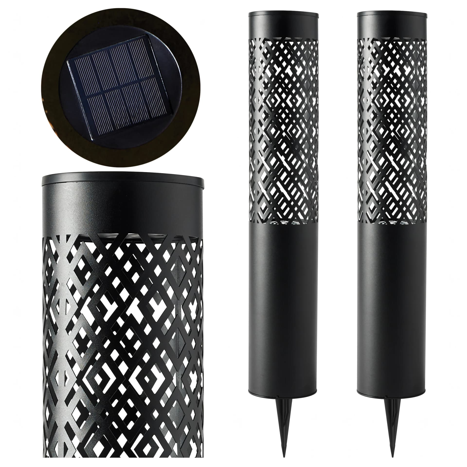 Zbliżenie panelu solarnego w górnej części obudowy oraz komplet dwóch lamp
