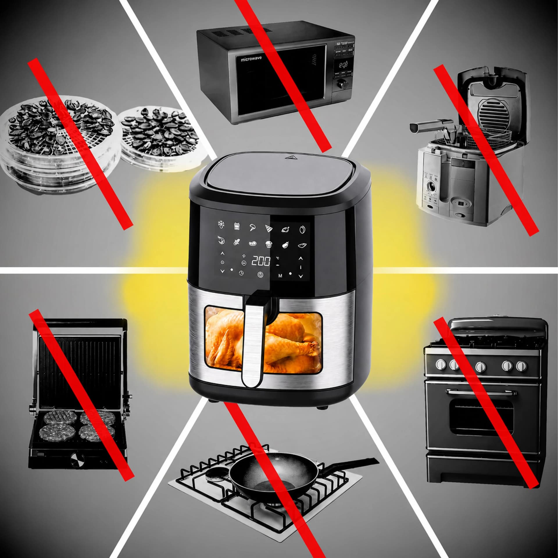 Grafika porównawcza: frytkownica beztłuszczowa zastępuje mikrofalówkę, frytkownicę olejową, grill, kuchenkę i suszarkę do żywności