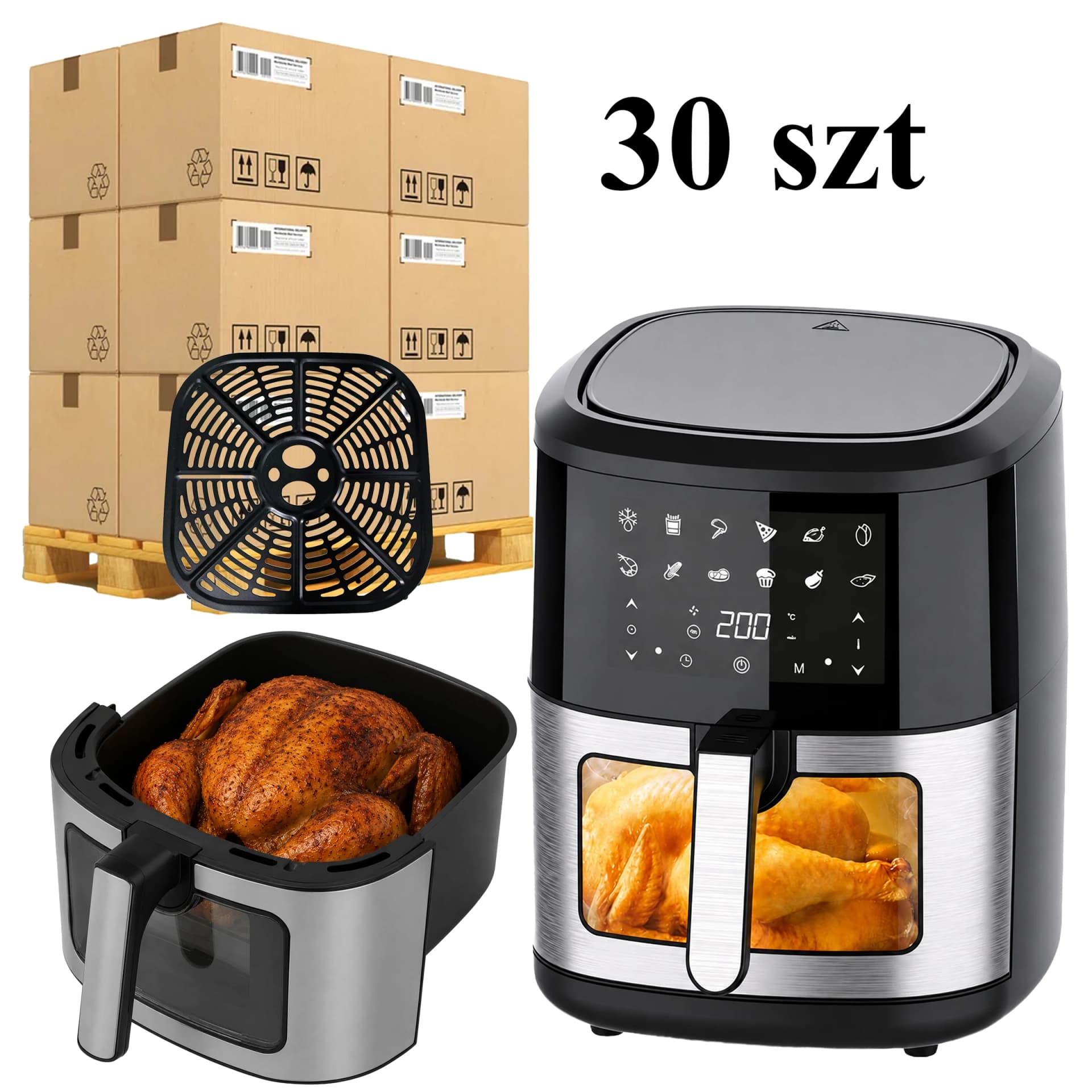 Paleta 30 sztuk frytkownic beztłuszczowych Air Fryer 6L w kartonach zbiorczych