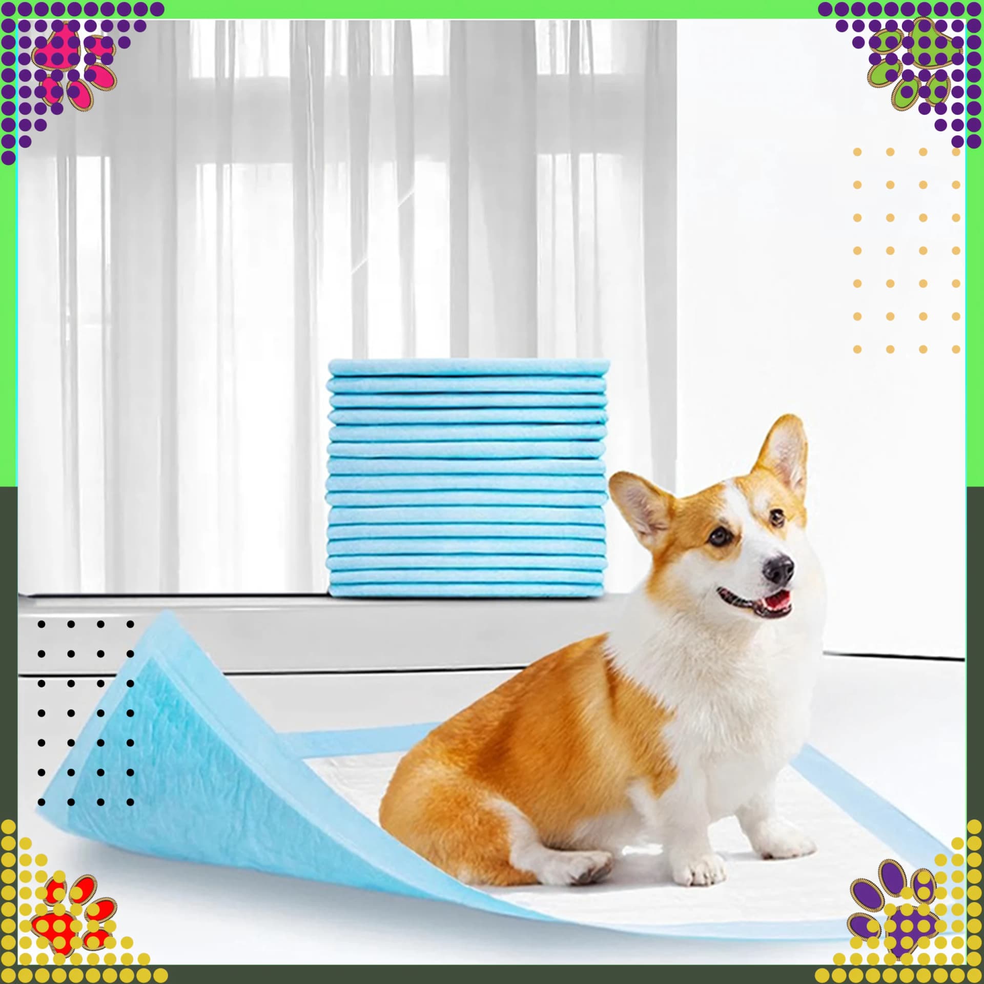 Corgi siedzi na rozłożonym podkładzie obok stosu niebieskich podkładów