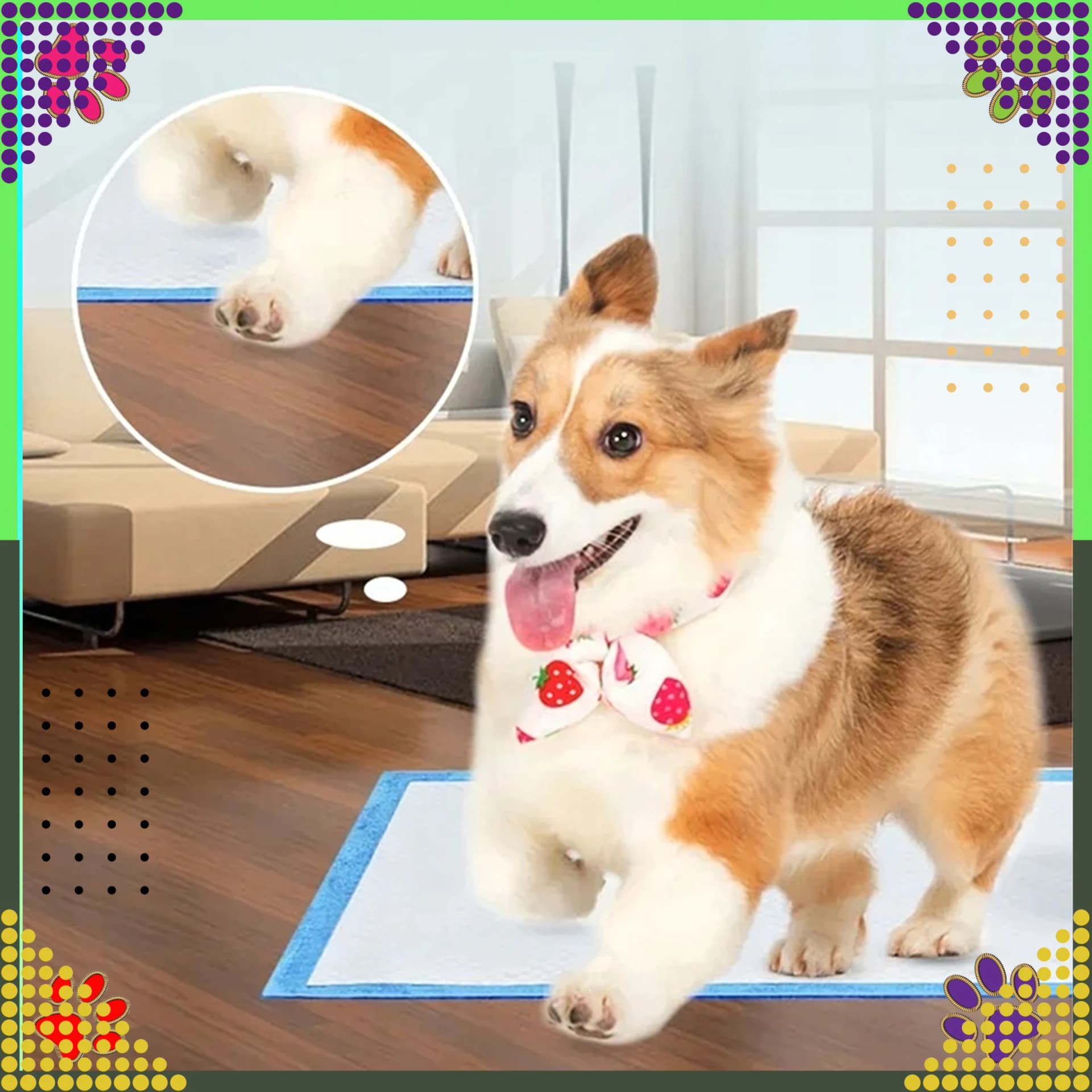 Pies rasy corgi stoi na podkładzie higienicznym w salonie