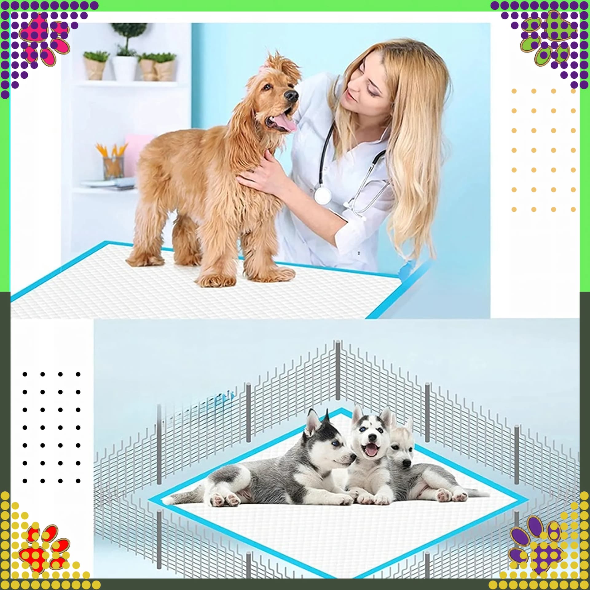 Podkład higieniczny na stole u weterynarza i w kojcu ze szczeniętami husky