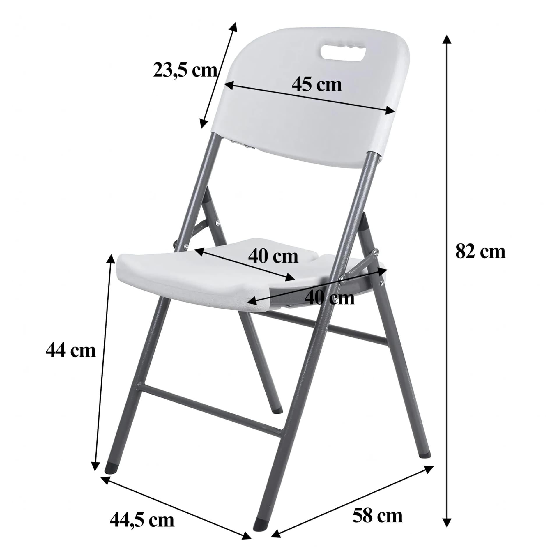 Wymiary krzesła: wysokość 82 cm, siedzisko 40x40 cm, oparcie 45x23,5 cm