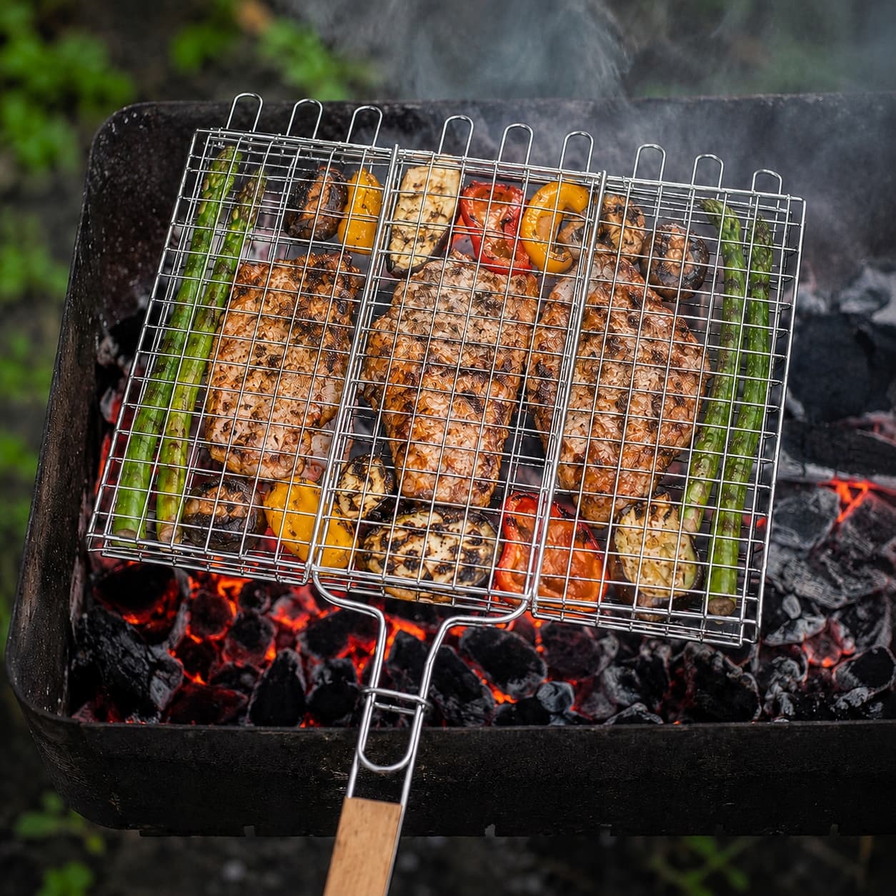 Podwójny ruszt grillowy z drewnianą rączką do ryb, mięsa i warzyw