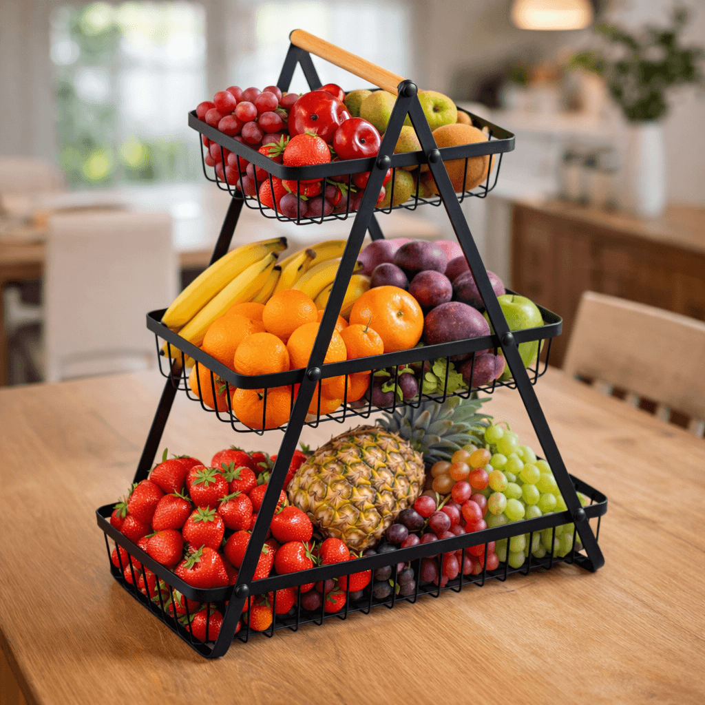 Kosz na owoce i warzywa - 3 POZIOMY METALOWY CZARNY STOJAK LOFT PATERA ORGANIZER KUCHENNY