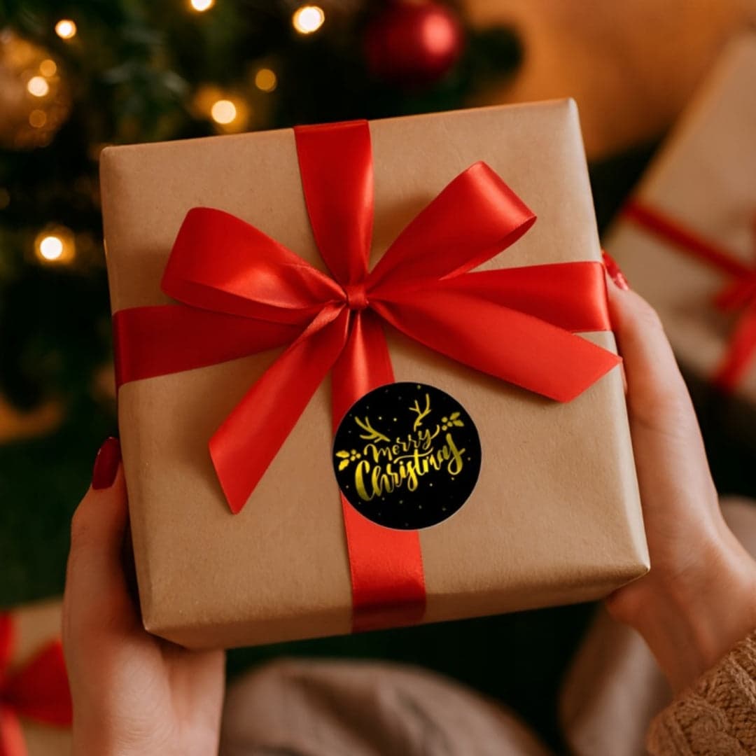 Naklejki na prezenty, upominki, pudełka - NALEPKI ŚWIĄTECZNE - "MERRY CHRISTMAS" - CZARNO-ZŁOTE