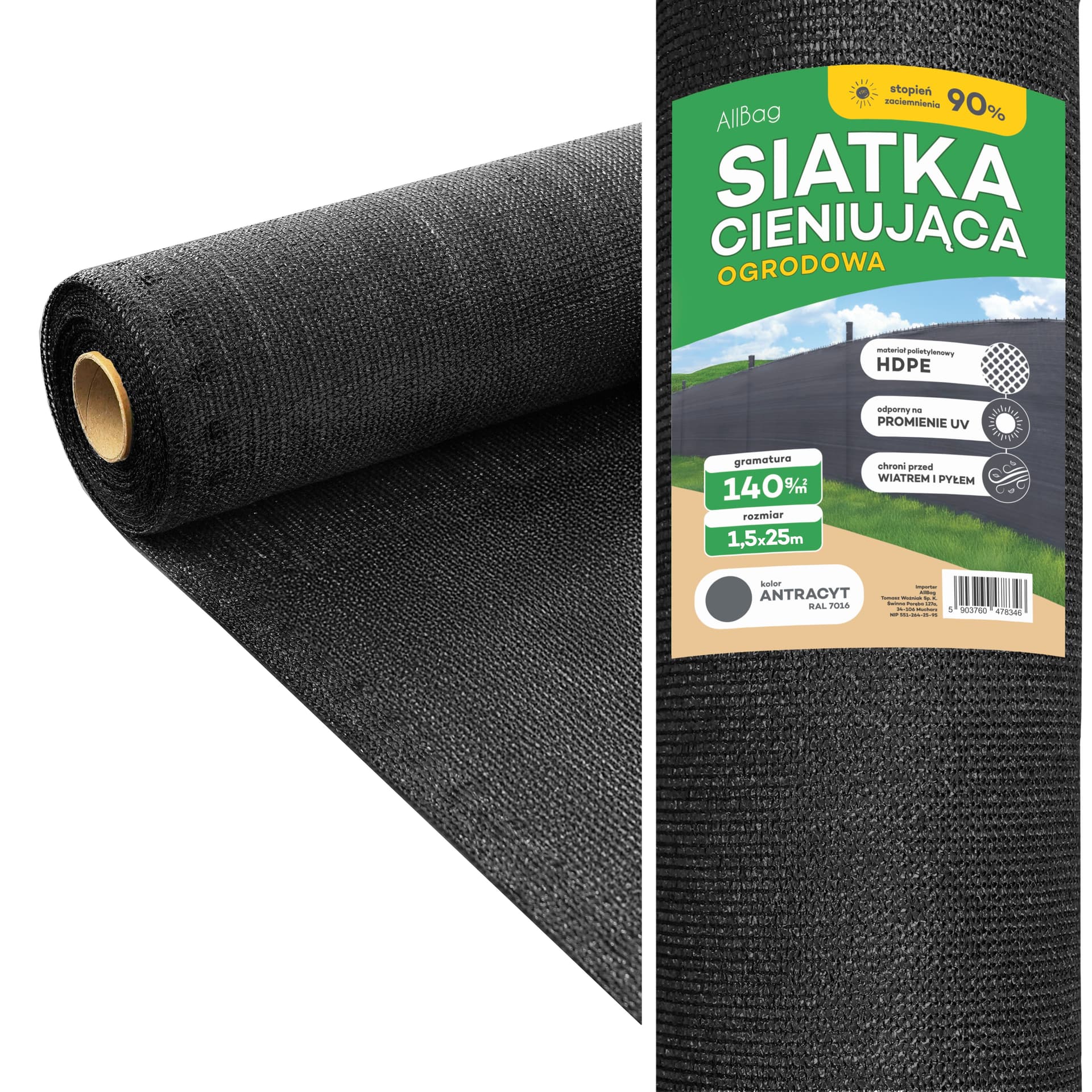 Siatka cieniująca osłonowa maskująca na ogrodzenie ANTRACYT 1.5m x 25m