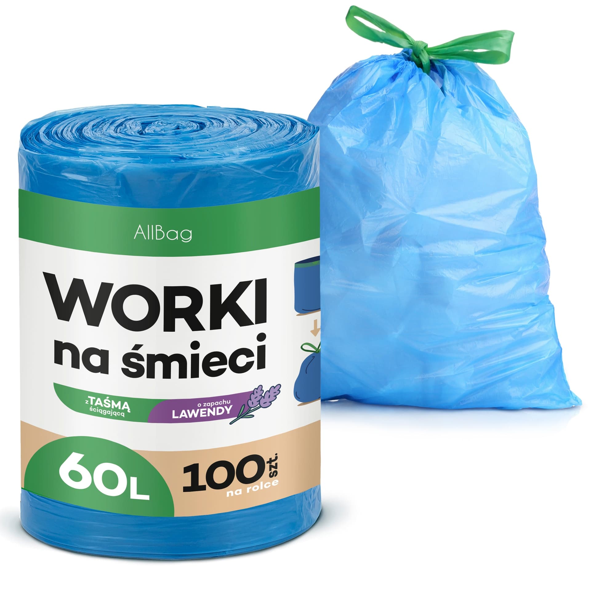 Worki na śmieci 60L zapachowe, lawendowe - MOCNE NIEBIESKIE WORKI WIĄZANE Z TAŚMĄ, UNIWERSALNE, 100 szt.