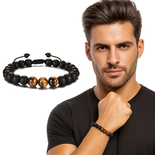 Męska bransoletka na sznurku - CZARNA BIŻUTERIA Z NATURALNYCH KAMIENI