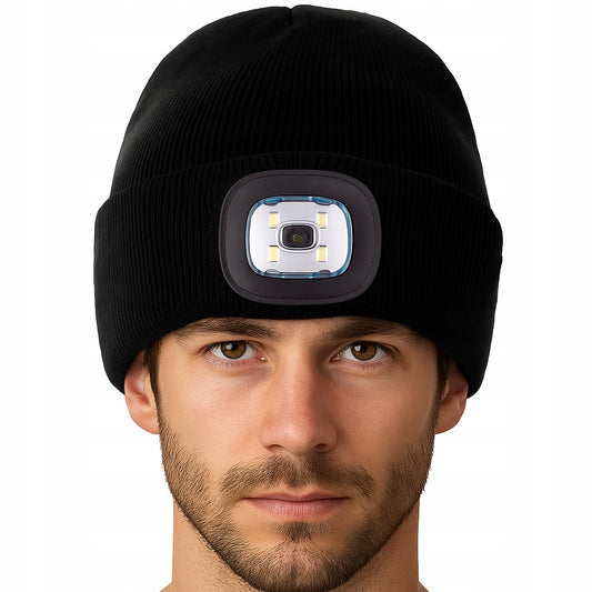 Zimowa czapka z latarką LED - CIEPŁA CZARNA OCIEPLANA Z ŁADOWANIEM USB