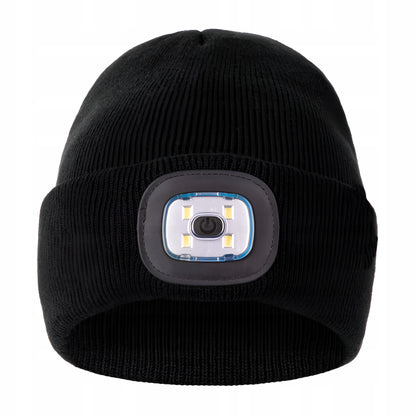 Zimowa czapka z latarką LED - CIEPŁA CZARNA OCIEPLANA Z ŁADOWANIEM USB