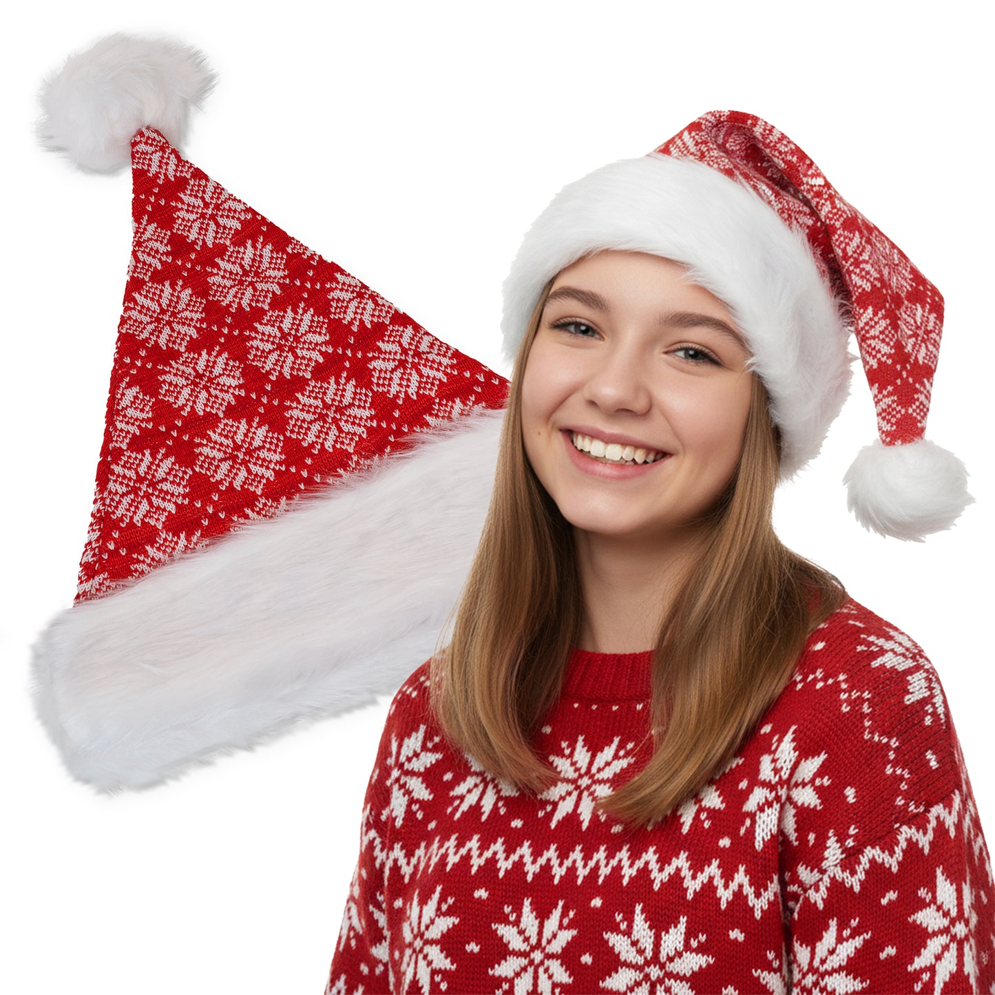 Czapka zimowa z pomponem - BEANIE - - BIAŁO-CZERWONA CIEPŁA ZIMOWA CZAPKA ŚWIĄTECZNA