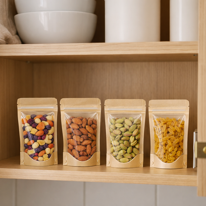 Doypack kraft z okienkiem - TOREBKI PAPIEROWE ZE STRUNĄ, 50 szt.