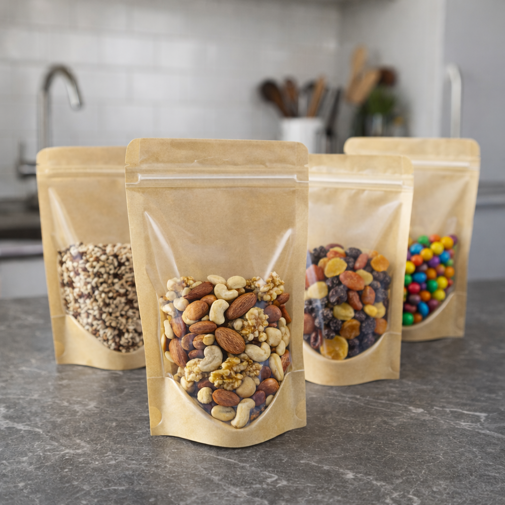 Torebki doypack kraft z okienkiem i struną - PAPIEROWE OPAKOWANIA EKO 15x22x4 cm