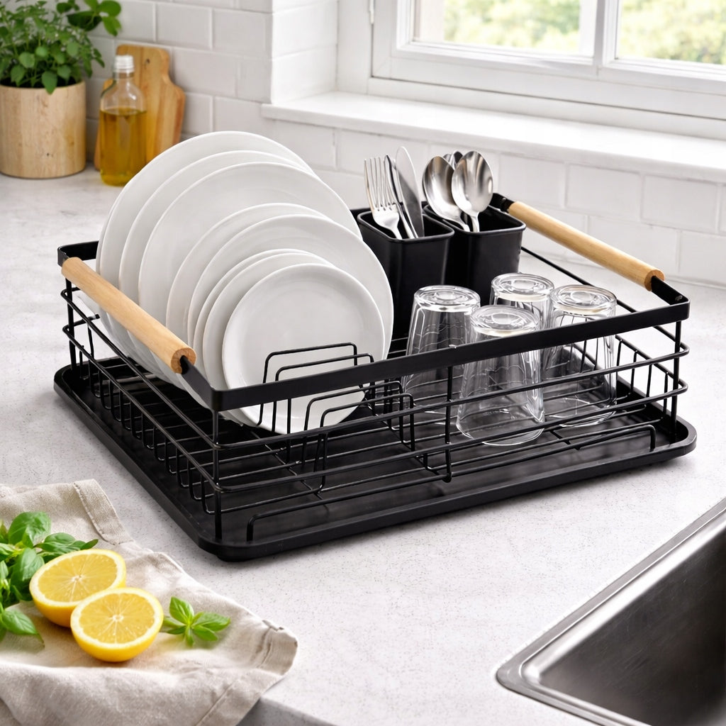 Suszarka do naczyń czarna metalowa – OCIEKACZ Z MIEJSCEM NA TALERZE I SZTUĆCE